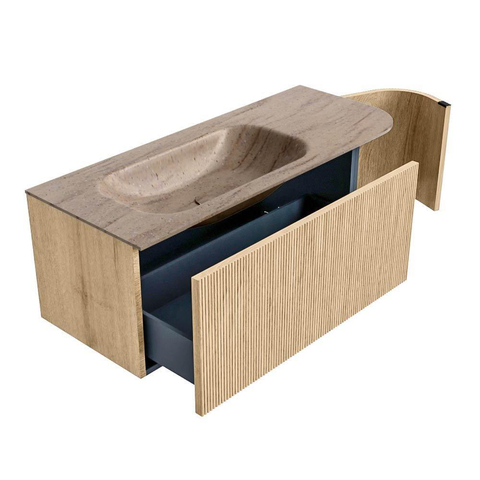 MONDIAZ KURVE-DLUX Meuble de salle de bains 115cm arrondi à droite couleur chêne avec 1 tiroir et 1 porte. Plan-vasque BIG SMALL gauche sans trou de robinet Saba. SW1433065