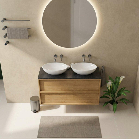 Saniclass Holz Frame Ensemble meuble de salle de bains - 120x45x63cm - Vasque en basalte Noche polie - 1 vasque - sans trou de robinetterie - 2 tiroirs - chêne natural mat (bois) SW1579910