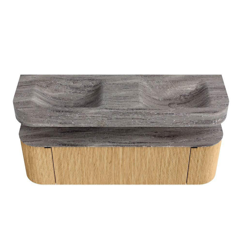MONDIAZ THOR-DLUX 150cm badmeubel ronding links + rechts kleur Oak met 1 lade en 2 deuren. Vrijhangende wastafel CLOUD Dubbel zonder kraangat kleur Oza. SW1464886