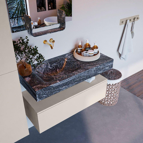 Mondiaz ALAN-DLUX Ensemble de meuble - 100cm - meuble Linen mat - 1 tiroir - Lavabo Cloud Lava suspendu - vasque Gauche - 0 trous de robinet SW808095