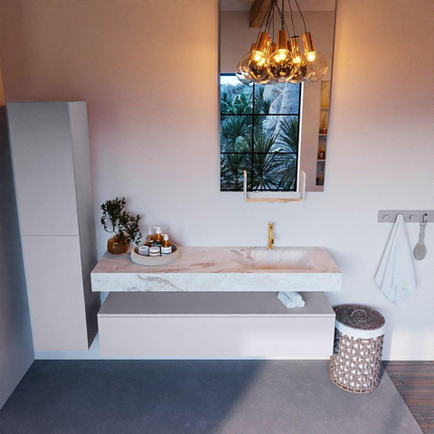 Mondiaz ALAN-DLUX Ensemble de meuble - 150cm - meuble Cale mat - 1 tiroir - Lavabo Cloud Frappe suspendu - vasque Droite - 1 trou de robinet SW805070