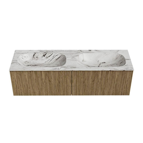 Mondiaz KURVE-DLUX Badkamermeubelset - 150x46x40cm - 2 lade - wastafel solid surface - dubbel - zonder kraangat - Dusk SW1415209