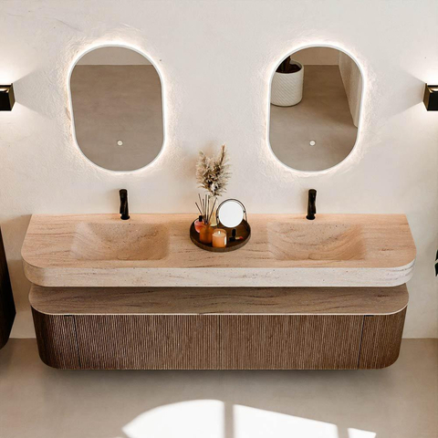 MONDIAZ THOR-DLUX 200cm meuble de salle de bains arrondi à gauche + à droite couleur Noyer avec 2 tiroirs et 2 portes. Lavabo suspendu CLOUD Double 2 trous de robinet couleur Saba. SW1467232