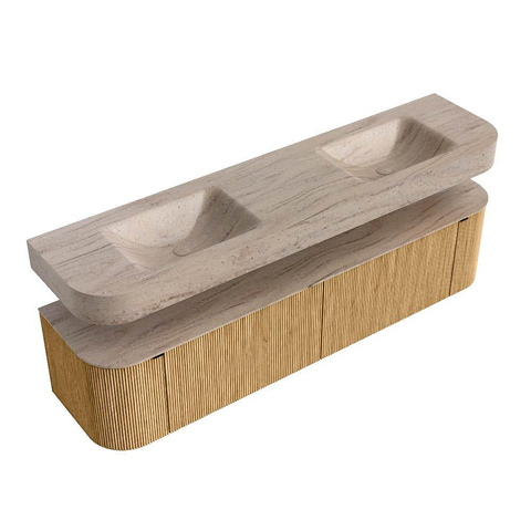 MONDIAZ THOR-DLUX Meuble de salle de bains 190cm arrondi gauche + droite couleur Oak avec 2 tiroirs et 2 portes. Vasque suspendue CLOUD Double 2 trous de robinet couleur Saba. SW1466650
