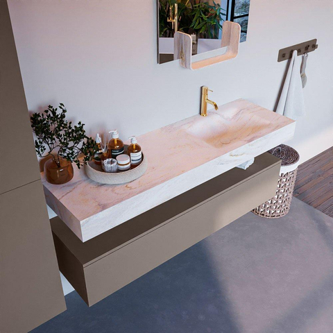 Mondiaz ALAN-DLUX Ensemble de meuble - 150cm - meuble Smoke mat - 1 tiroir - Lavabo Cloud Ostra suspendu - vasque droite - 1 trou de robinet SW807364