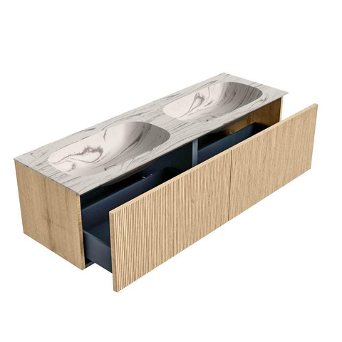 MONDIAZ KURVE-DLUX 150cm badmeubel kleur Oak met 2 lades en 0 deuren. Wastafel STOR SMALL Dubbel 2 kraangaten Nata. SW1432138