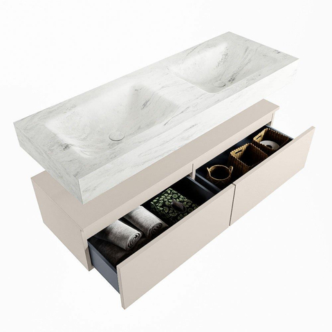 Mondiaz ALAN-DLUX Ensemble de meuble - 130cm - meuble Linen mat - 2 tiroirs - Lavabo Cloud Opalo suspendu - vasque Gauche et droite - 2 trous de robinet SW806519