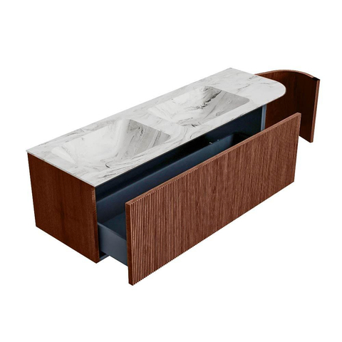 Mondiaz KURVE-DLUX Badkamermeubelset - 145x46x40cm - 1 lade - 1 deur - wastafel solid surface - dubbel / links - zonder kraangat - Ruby SW1415966