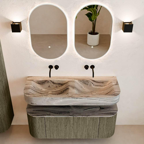 MONDIAZ THOR-DLUX 120cm meuble de salle de bains arrondi gauche + droite couleur Shadow avec 1 tiroir et 2 portes. Vasque suspendue CLOUD Double sans trou de robinet couleur Sombra. SW1463669
