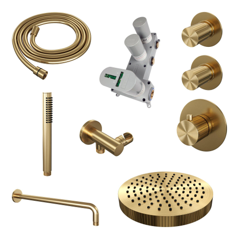 BRAUER Stripe Douche de tête thermostatique encastrable - SET 02 - pomme de douche 25cm - bras mural courbé - douchette sur barre - flexible de douche - coude mural - PVD doré brossé SW1434834