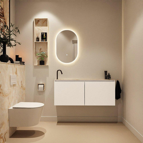 MONDIAZ TURE-DLUX Meuble de toilette 120 cm Talc. EDEN vasque Frappe position gauche. Avec 1 trou de robinet. SW1102603