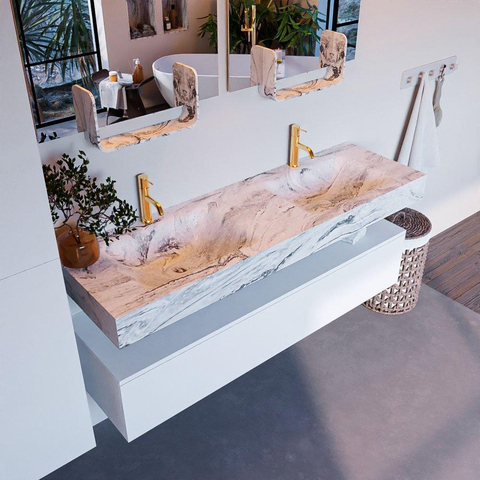 Mondiaz ALAN-DLUX Ensemble de meuble - 150cm - meuble Talc mat - 1 tiroir - Lavabo Cloud Glace suspendu - vasque Gauche et droite - 2 trous de robinet SW805230