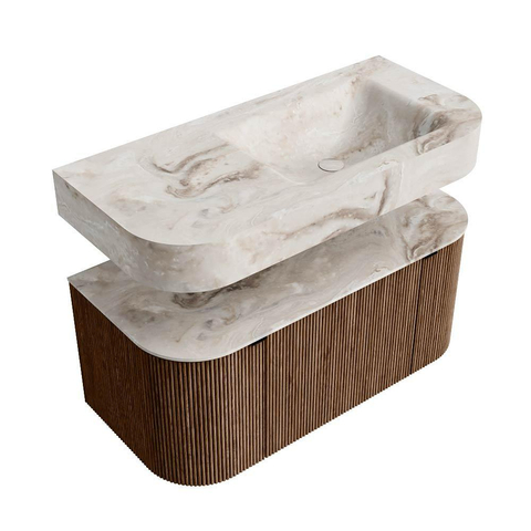 MONDIAZ THOR-DLUX 100cm meuble de salle de bains arrondi gauche + droite couleur Walnut avec 1 tiroir et 2 portes. Vasque suspendue CLOUD droite sans trou de robinet couleur Frappe. SW1467332