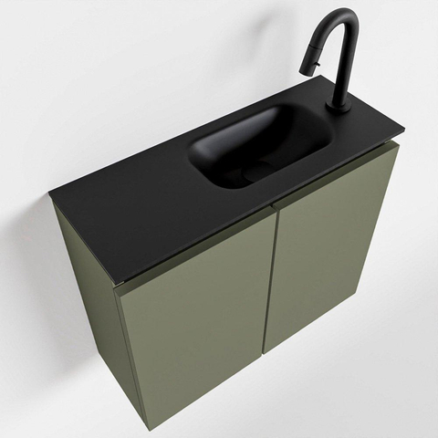 MONDIAZ TURE Kit lave-mains - 60x23x50cm - 1 trou de robinet - 2 portes - armée mate - Lavabo à droite - Solid Surface Noir SW475328