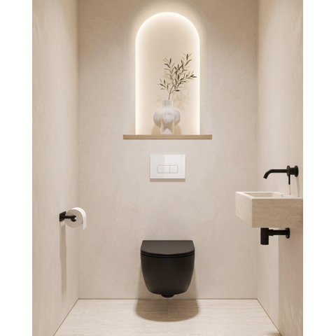 QeramiQ Dely Swirl Toiletset - 36.3x51.7cm - Geberit UP320 inbouwreservoir - met Burda frame - 35mm zitting - glans witte bedieningsplaat - rechthoekige knoppen - mat zwart SW1138619