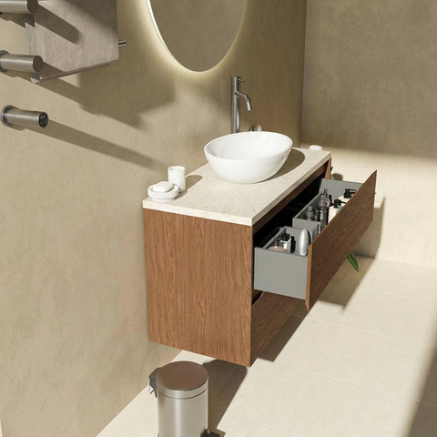 Saniclass Holz Pure Badkamermeubelset - 100x45x63cm - Travertine natuurstenen topblad - 1 kraangat - 2 lades - mat walnut pure (hout) SW1478874