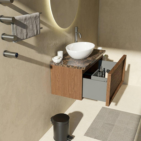 Saniclass Holz Frame Badkamermeubelset - 80x45x43cm - Noche natuurstenen topblad dark emperador - 1 kraangat - 1 lade - mat walnut pure (hout) SW1479065