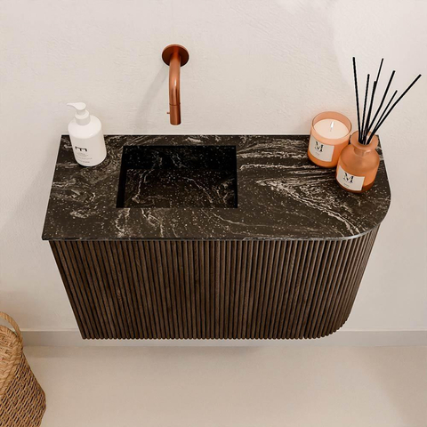 Mondiaz JOYA-DLUX 61.6cm toiletmeubel - ronding rechts kleur Walnut - Wastafel FAYE positie Links Zonder kraangat kleur Lava. SW1422470