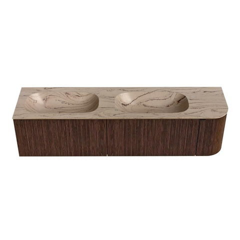 MONDIAZ KURVE-DLUX Meuble de salle de bains 175cm arrondi Droit couleur Walnut avec 2 tiroirs et 1 porte. Lavabo STOR SMALL Double / Gauche 2 trous de robinet Arena. SW1431258