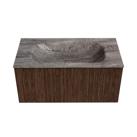 MONDIAZ KURVE-DLUX 90cm badmeubel kleur Walnut met 1 lade en 0 deuren. Wastafel BIG SMALL Midden zonder kraangat Oza. SW1432743