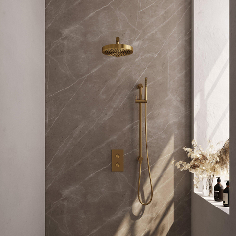 BRAUER Stripe Thermostatische Inbouw Regendouche - 3-weg - rechthoekig - 25cm douchekop - rechte muurarm - staaf handdouche - doucheslang - geïntegreerde glijstang - goud geborsteld PVD SW1435196