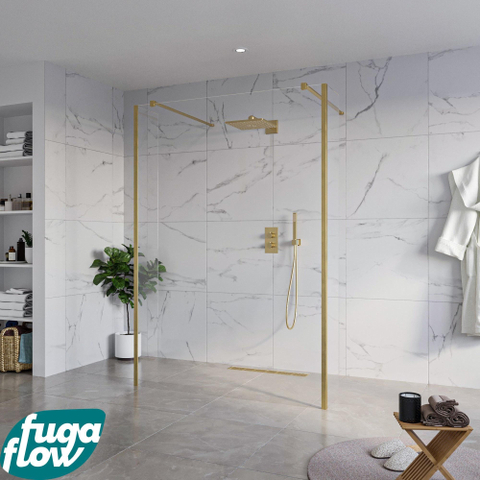 FugaFlow Eccelente Vetro Vrijstaande inloopdouche badkamer - 140x200cm - Helder - antikalk - 8mm veiligheidsglas - 2 zijwanden 30cm - met wandarmen en hoekprofielen - Messing geborsteld (goud) - SW1125476