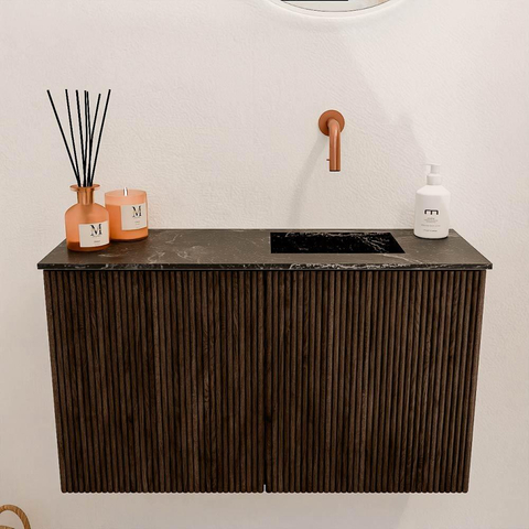 Mondiaz JOYA-DLUX 70cm meuble de salle de bains - couleur Walnut - Vasque FAYE position Droite Sans trou de robinet couleur Lava. SW1422434