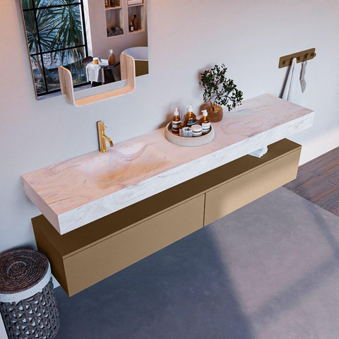 Mondiaz ALAN-DLUX Ensemble de meuble - 200cm - meuble - Oro mat - 2 tiroirs - Lavabo Cloud Ostra suspendu - vasque gauche - 1 trou de robinet - Beige SW807798