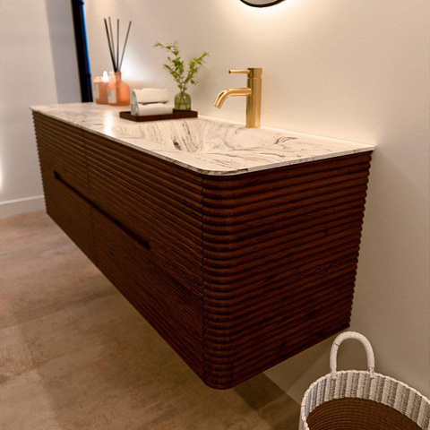 Mondiaz CIRO-DLUX Badkamermeubelset - 150x45x50cm - Solid surface wastafel Glace - 1 wasbak Rechts - 1 kraangat - 4 lades - Ruby SW1531677