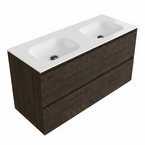 Saniclass Holz Atelier Badkamermeubelset - 120x45x61.5cm - Flow solid surface wastafel wit - 2 wasbakken - 2 kraangaten - 2 lades - mat eiken charcoal (hout) SW1478421