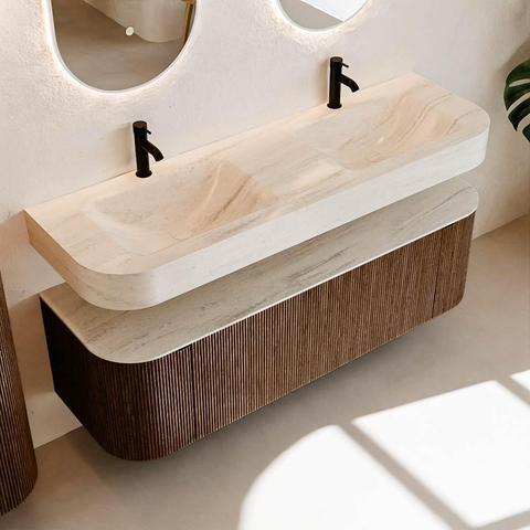MONDIAZ THOR-DLUX 150cm meuble de salle de bains arrondi gauche + droite couleur Walnut avec 1 tiroir et 2 portes. Vasque suspendue CLOUD Double 2 trous de robinet couleur Meli. SW1464765