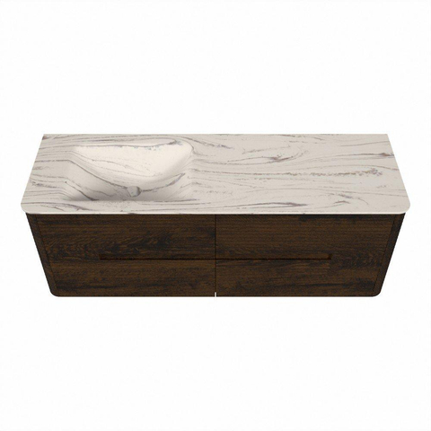 Mondiaz CIRO-DLUX Ensemble de meubles de salle de bains - 140x45x50cm - Plan vasque solid surface Nata - 1 lavabo à gauche - sans trous de robinetterie - 4 tiroirs - Noyer SW1530581