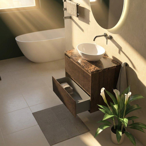 Saniclass Holz Atelier Badkamermeubelset - 80x45x63cm - Noche natuurstenen topblad dark emperador - zonder kraangat - 2 lades - mat eiken charcoal (hout) SW1478262