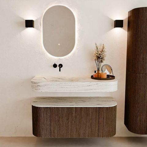 MONDIAZ THOR-DLUX 110cm badmeubel ronding links + rechts kleur Walnut met 1 lade en 2 deuren. Vrijhangende wastafel CLOUD Links zonder kraangat kleur Nata. SW1462935