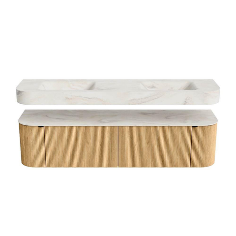 MONDIAZ THOR-DLUX 180cm badmeubel ronding links + rechts kleur Oak met 2 lades en 2 deuren. Vrijhangende wastafel CLOUD Dubbel 2 kraangaten kleur Ostra. SW1465925