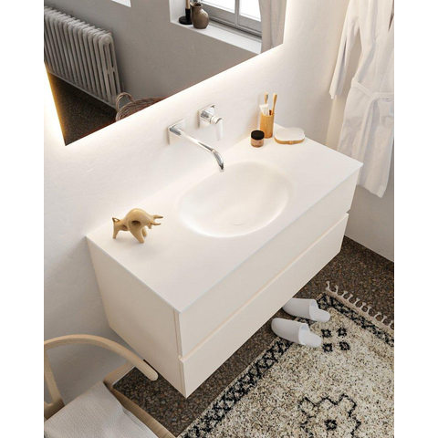 MONDIAZ VICA Ensemble de meuble salle de bain - 100cm - 2 tiroirs - lavabo Moon central - 0 trous de robinet - solid surface lin SW410938