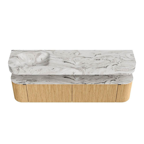 MONDIAZ THOR-DLUX Meuble de salle de bains 190cm arrondi gauche + droite couleur Oak avec 2 tiroirs et 2 portes. Vasque suspendue CLOUD Gauche 1 trou de robinet couleur Glace. SW1466377