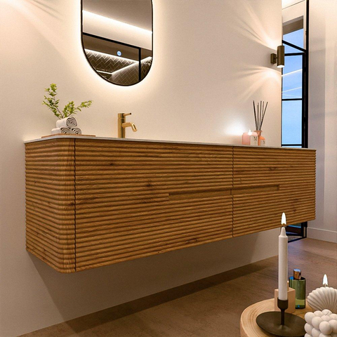 Mondiaz CIRO-DLUX Ensemble de meubles de salle de bains - 190x45x50cm - Plan vasque solid surface Opalo - 1 bassin à gauche - 1 trou de robinet - 4 tiroirs - Chêne SW1531041