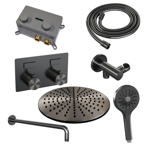 BRAUER Gunmetal Edition ensemble de douche pluie encastré – douche de tête Ø 30 cm – bras mural courbé 39.9 cm – douchette ronde – avec inverseur SW925719