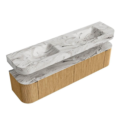 MONDIAZ THOR-DLUX Meuble de salle de bains - 190cm - arrondi gauche + droite - couleur Oak - 2 tiroirs et 2 portes - Vasque suspendue CLOUD Double sans trou de robinet - couleur Glace SW1466362