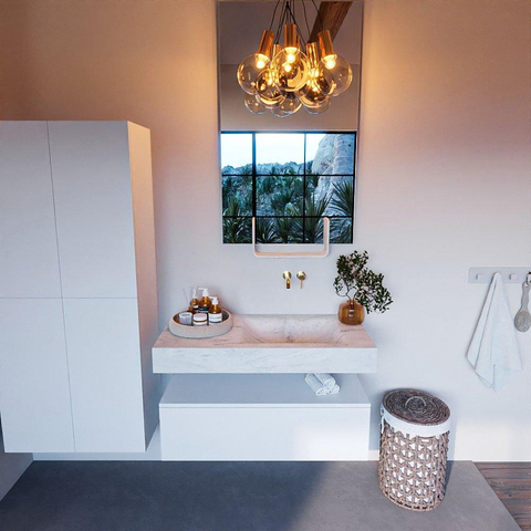 Mondiaz ALAN-DLUX Ensemble de meuble - 100cm - meuble Talc mat - 1 tiroir - Lavabo Cloud Opalo suspendu - vasque Droite - 0 trous de robinet SW806239