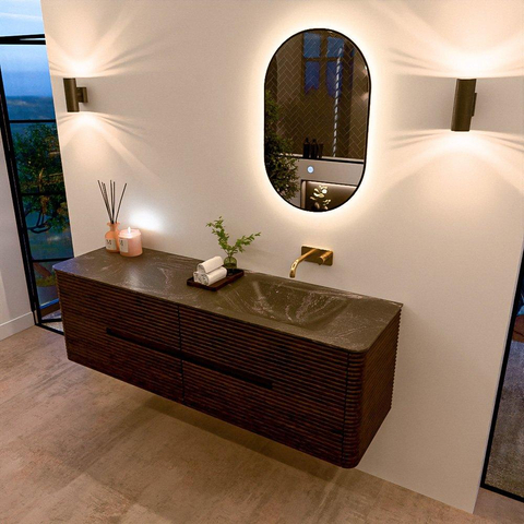 Mondiaz CIRO-DLUX Ensemble de meubles de salle de bains - 160x45x50cm - lavabo solid surface Lava - 1 vasque à droite - sans trous de robinet - 4 tiroirs - Noyer SW1530151