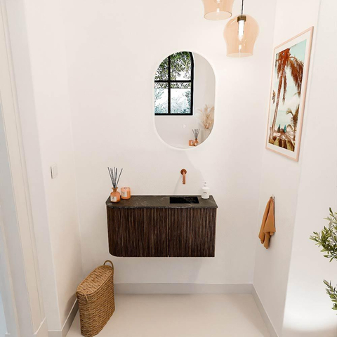 Mondiaz JOYA-DLUX 81.6cm meuble de toilette - arrondi gauche couleur Noyer - Vasque FAYE position Droite Sans trou de robinet couleur Lava SW1422505