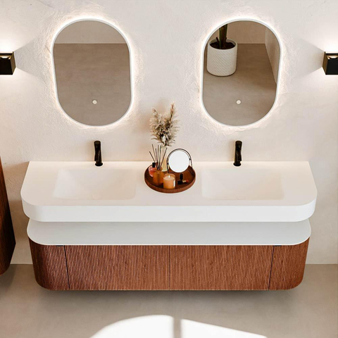 MONDIAZ THOR 180cm meuble de salle de bains arrondi gauche + droite couleur Ruby avec 2 tiroirs et 2 portes. Vasque suspendue CLOUD Double 2 trous de robinet couleur Talc. SW1467697