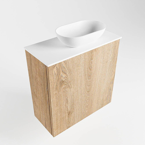 Mondiaz Fowy meuble de toilette - 50x50x23cm - chêne blanchi mat - 1 trou de robinet - lavabo à droite - 1 porte - solid surface - plan Mélamine - lavabo : blanc SW761414