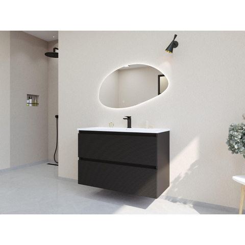 H&R Badmeubelen Infinity XXL 3D Badkamermeubelset - 100 cm - 1 keramische wasbak gala wit - 1 kraangat - 2 lades - mat zwart SW863475