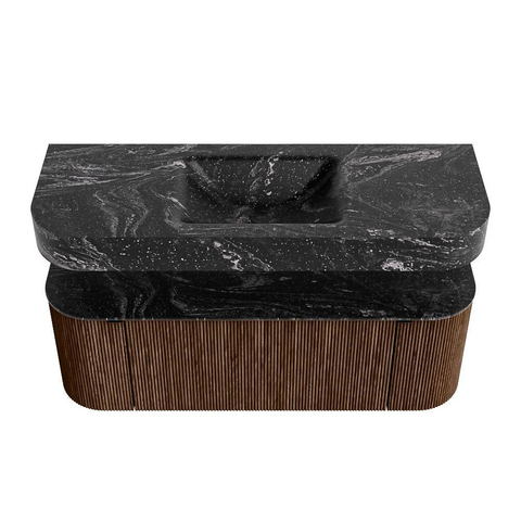 MONDIAZ THOR-DLUX 130cm meuble de salle de bains arrondi gauche + droite couleur Walnut avec 1 tiroir et 2 portes. Vasque suspendue CLOUD Milieu sans trou de robinet couleur Lava. SW1467653