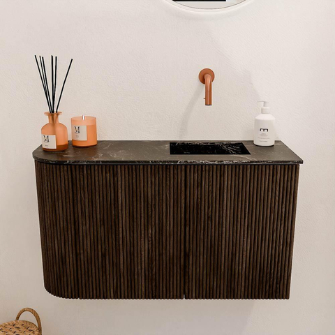 Mondiaz JOYA-DLUX 71.6cm toiletmeubel - ronding links kleur Walnut - Wastafel FAYE positie Rechts Zonder kraangat kleur Lava. SW1422466