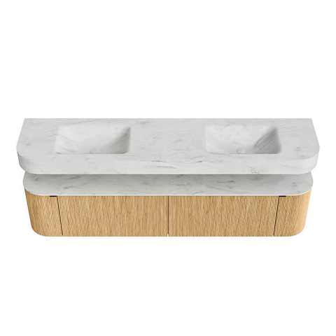 MONDIAZ THOR-DLUX 200cm meuble de salle de bains arrondi gauche + droite couleur Chêne avec 2 tiroirs et 2 portes. Vasque suspendue CLOUD Double sans trou de robinet couleur Opalo. SW1466949