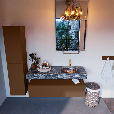 Mondiaz ALAN-DLUX Ensemble de meuble - 130cm - meuble Rust mat - 1 tiroir - Lavabo Cloud Lava suspendu - vasque Droite - 1 trou de robinet SW808409